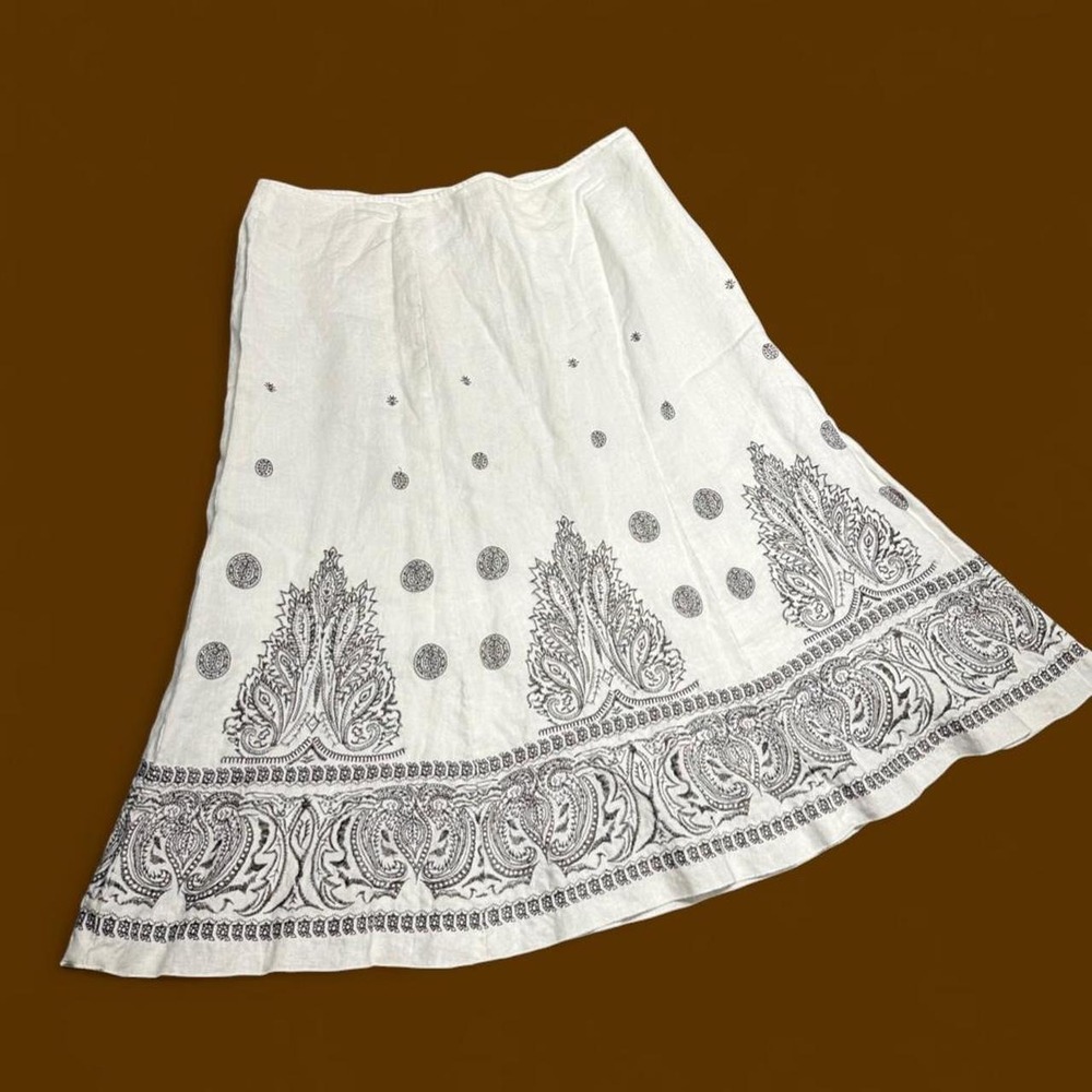 Vintage Nygard Collection Midi Skirt 10P White Brown Linen Paisley Embroidered